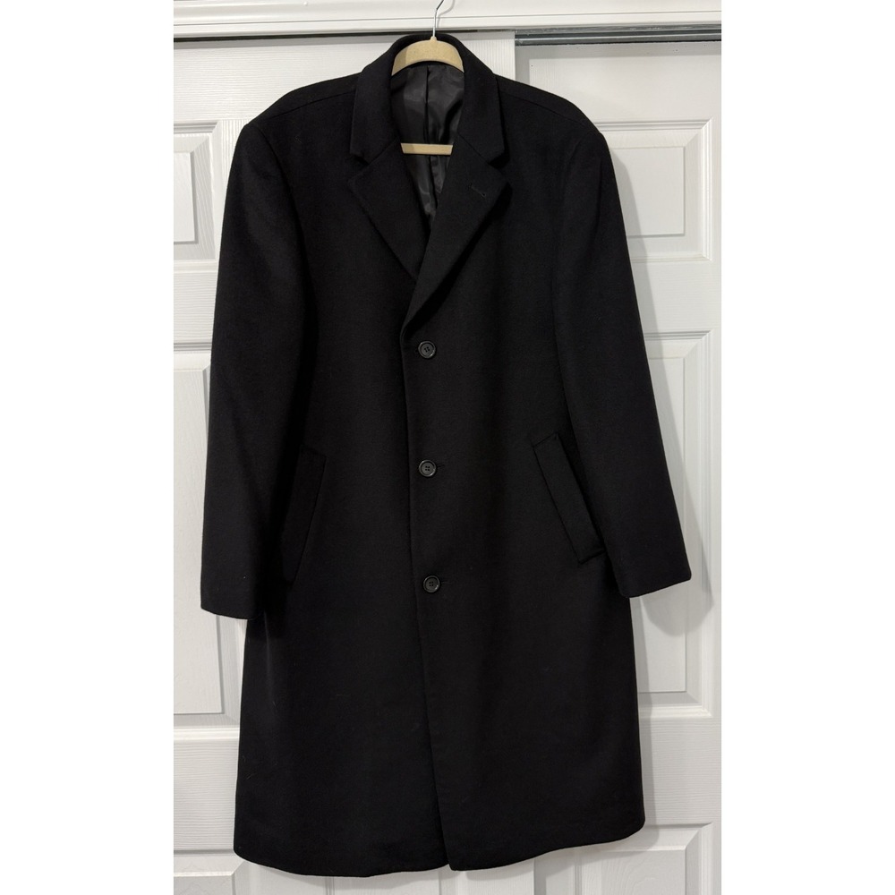 Stafford Wool Overcoat Men 42S Black Lined Inner Pockets 3 Button Trench Topcoat